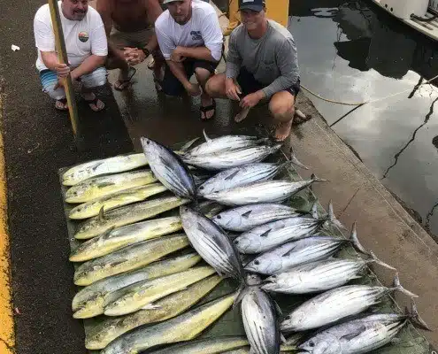 Aku skipjack fishing charter Oahu showing off their catch.