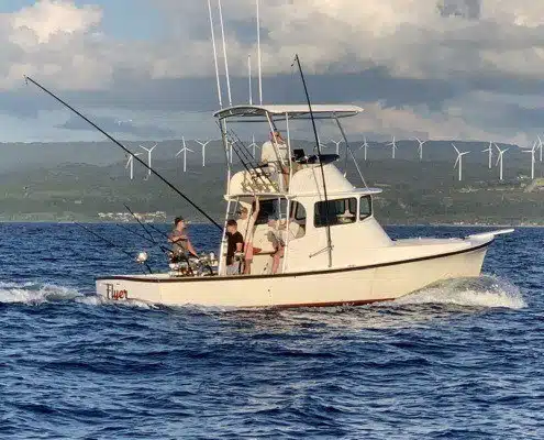 IMG_3153-min Flyer sportfishing boat trolling. Compared to other north shore fishing boats and competitors such as whipsaw sportfishing, the flyer is update with the latest tackle and amenities. Oahu charter sportfishing Haleiwa, HI.