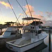 boat-dock-sunset Flyer Oahu deep sea fishing boat docked at Haleiwa harbor after a day of providing sportfishing charters.