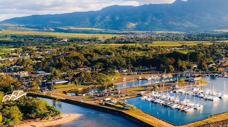 Ariel image of Haleiwa boat harbor. Best deep sea fishing boat charters, Oahu, North Shore.