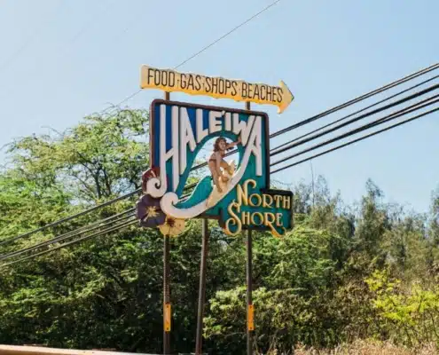 Haleiwa sign. Home of North Shore Oahu fishing charter company Flyer Sportfishing